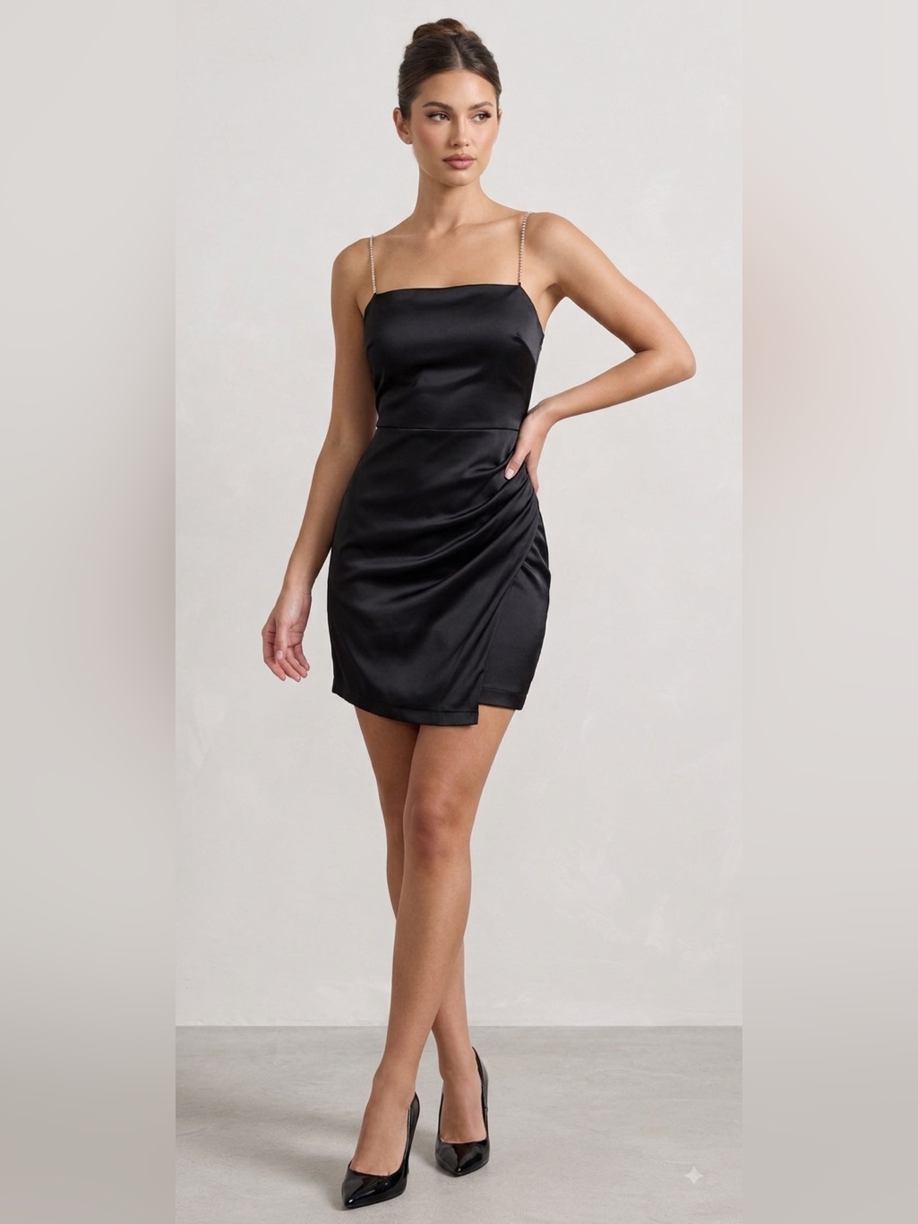 Zara Black Satin Mini Dress Size S With Chain Straps | Ruched Bodycon